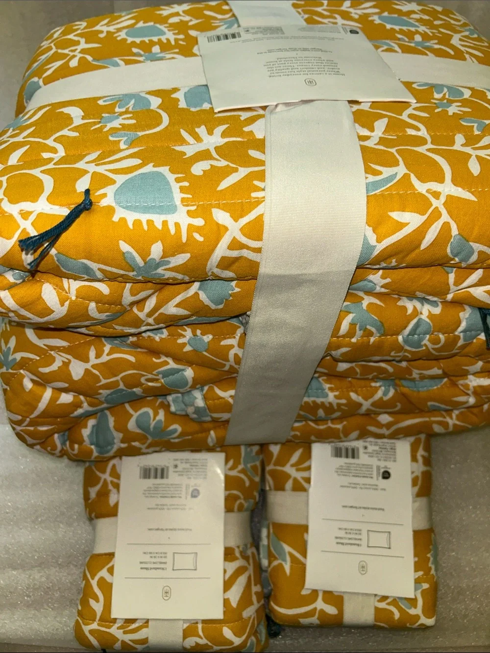 Threshold F/Q 3-Piece Set , Earthy Vines Mustard Yellow/ Teal Blue Set